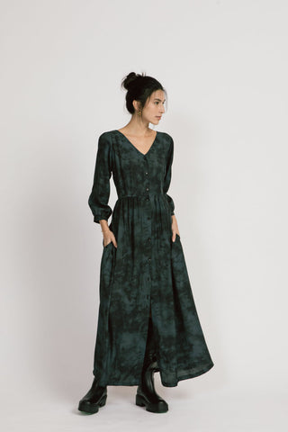 Jezebel Dress by Allison Wonderland, Lagoon, maxi dress, V-neck, button front, gathered sleeves, fitted waist, sizes 2-12, made in Vancouver
