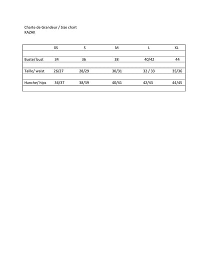 Kazak Size Chart
