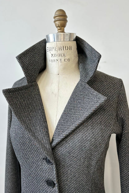 Collar detail of the Henderson Jacket by Kollontai in Charcoal tweed.