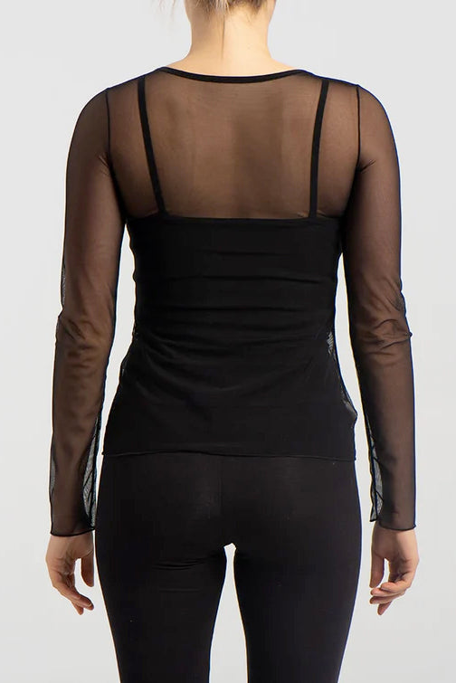 Landon Top by Kollontai, Black, back view, mesh top, round neck, long sleeves, sizes XS to XL ,made in Montreal