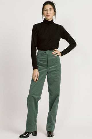 Lydia Pant by Allison Wonderland, Pine, corduroy, high-waisted, fly front, front pockets, barrel leg with deep hem, sizes 2-12, made in Vancouver