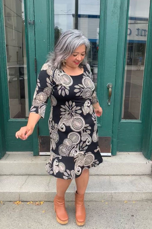 Sycamore Knit Dress by Compli K, Oat Paisley, scoop neck, 3/4 flounce sleeves, flounced hem, sizes XS to XXL, made in Canada