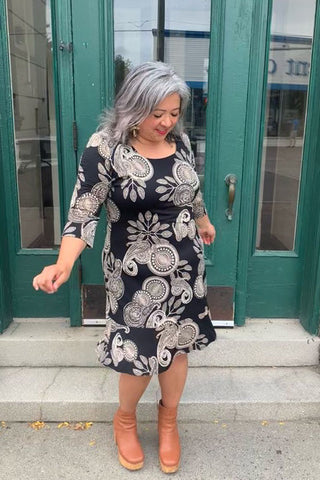 Sycamore Knit Dress by Compli K, Oat Paisley, scoop neck, 3/4 flounce sleeves, flounced hem, sizes XS to XXL, made in Canada