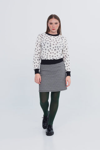 Pruche Skirt by Slak, Black and White Print, pull-on style, A-line, stretchy fabric, sizes XS to XXL, made in Montreal