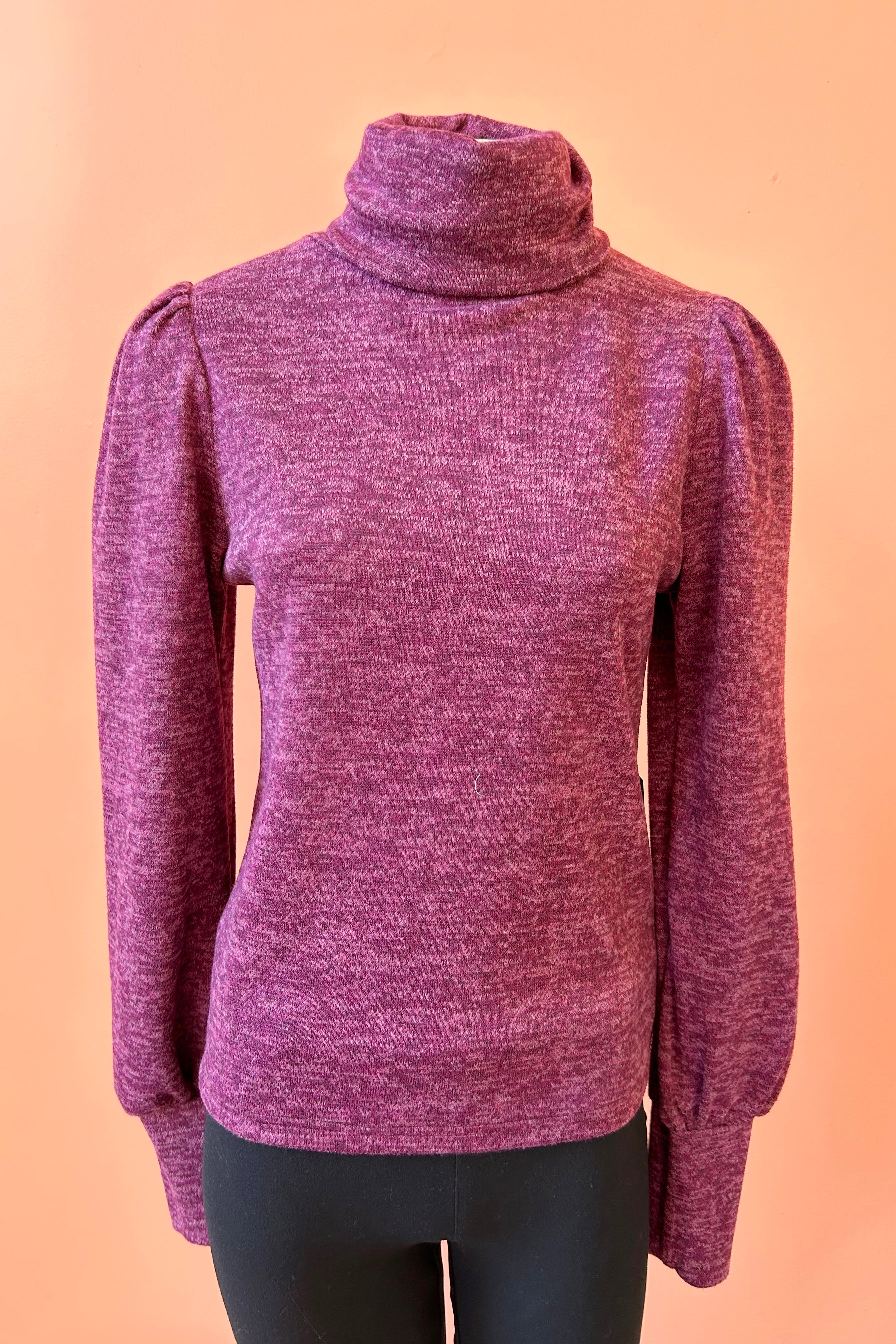 Turtleneck Top by Misstery, Wine, high neck, puffed sleeves with gathered cuffs, sizes S to XL, made in Toronto 