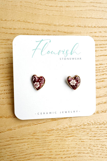 Ceramic Engraved Heart Studs