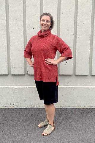 Rib Tunic by Luc Fontaine, Red, cowl neck, wide 3/4 sleeves, hi-low hemline, side slits, sizes 4-16, made in Canada