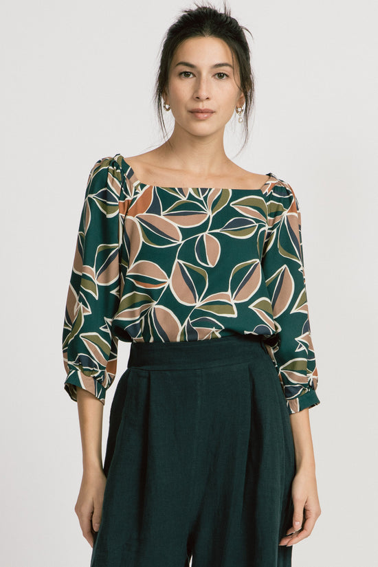 Theda Blouse by Allison Wonderland, Colourful Leaf, square neckline, gathers at shoulders, 3/4 sleeves that gather at the cuffs, Lenzing Ecovero Viscose, sizes 2-12, made in Vancouver