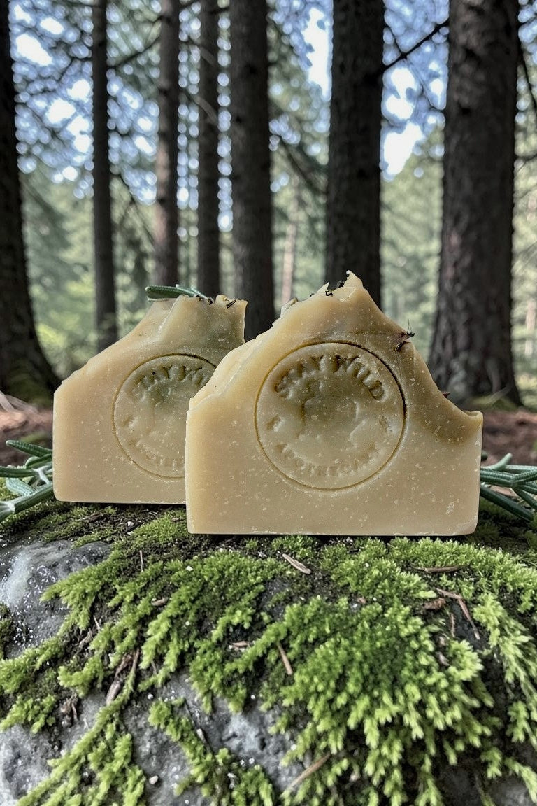 Two bars of Rosemary Sage Soap by Stay Wild Apothecary are pictured atop a mossy rock in a forest setting 