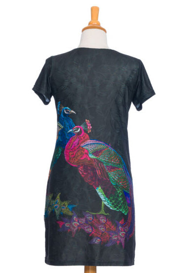 Alys Dress by Rien ne se Perd, Peacock print, back view, semi-fitted, straight cut, round neck, short sleeves, above the knee length, sizes XS to XXL, made in Quebec