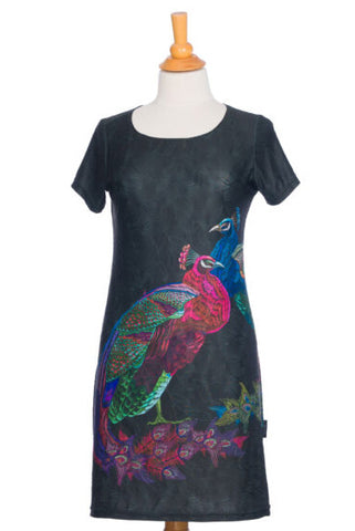 Alys Dress by Rien ne se Perd, Peacock print, semi-fitted, straight cut, round neck, short sleeves, above the knee length, sizes XS to XXL, made in Quebec