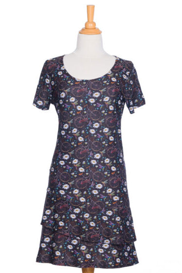 Fabienne Dress by Rien ne se Perd, Daisy Bikes print, scoop neck, short sleeves, fit and flare, double ruffle at hem, sizes XS to XXL, made in Quebec