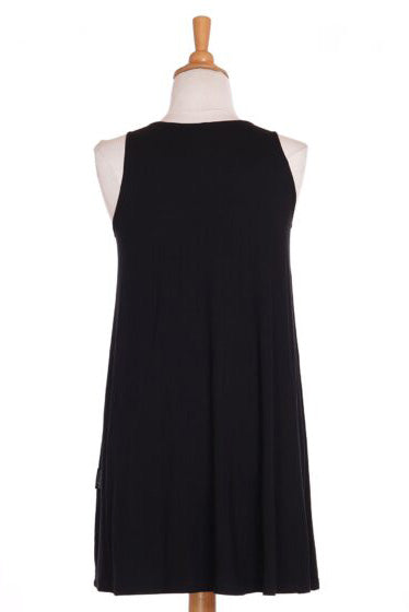 Flamant Dress by Rien ne se Perd, Black, back view, sleeveless, round neck, A-line shape, above the knee, sizes XS to XXL, made in Quebec