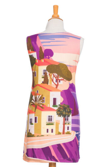Nina Dress by Rien ne se Perd, Positano, back view, sleeveless, semi-fitted, straight cut, print inspired by the Italian city of Positano, rib knit fabric, sizes XS to XXL, made in Quebec