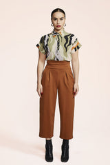 Wilfred Pants by Melow, Copper, high waist, stretchy waistband, 3/4 length, pleated front, side pockets, Ponte di Roma, sizes XS to XXL, made in Montreal 