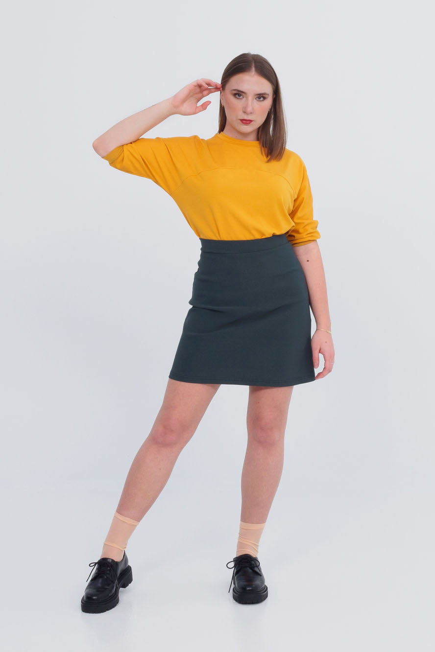 Pruche Skirt by Slak, Green, pull-on style, A-line, stretchy fabric, sizes XS to XXL, made in Montreal