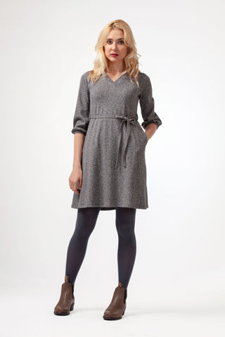 Lilliput Dress by Ramonalisa, Steel grey, fit and flare, small V-neck, slightly puffed 3/4 sleeves, tie belt, hemp and cotton blend, sizes XS to XL, made in Montreal