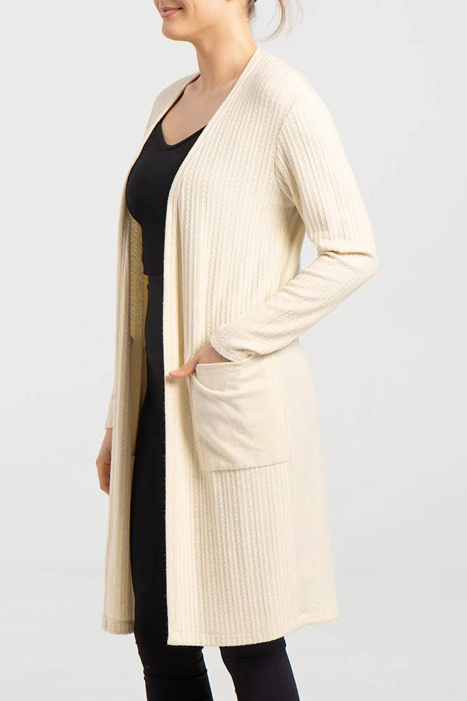 Sinatra Long Cardigan by Kollontai, Cream, textured knit, long sleeves, large patch pockets, sizes 4-16, made in Montreal