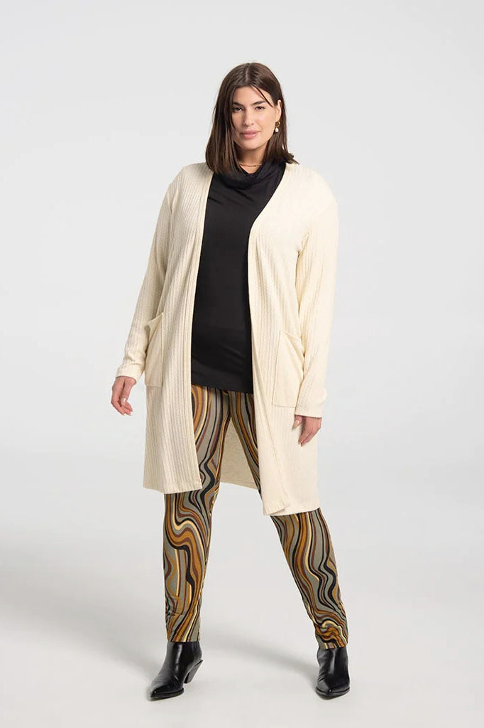 Sinatra Long Cardigan by Kollontai, Cream, textured knit, long sleeves, large patch pockets, sizes 4-16, made in Montreal