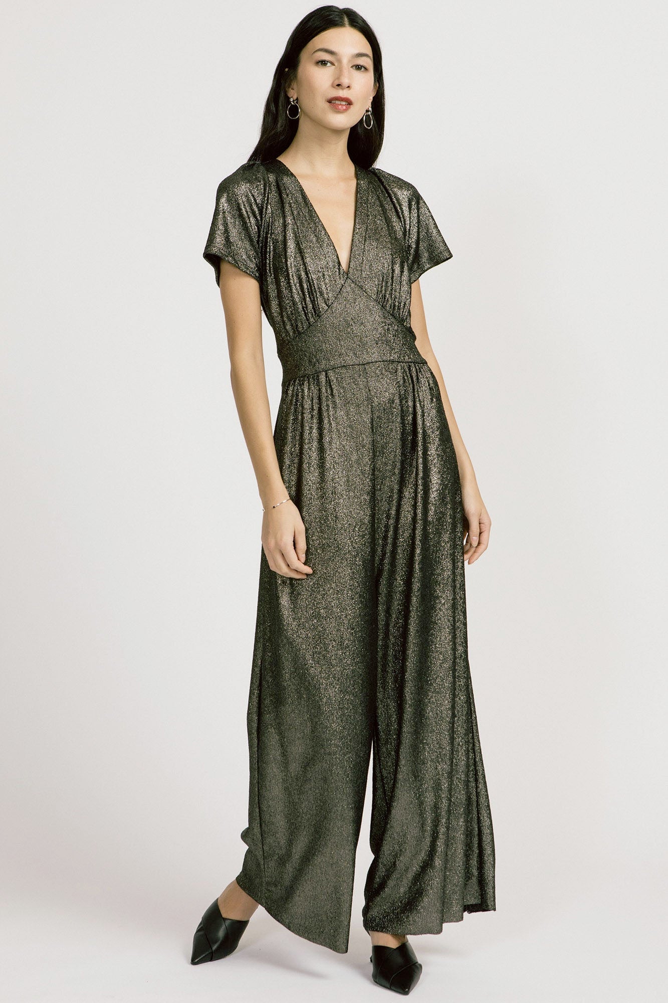 Spirited Jumpsuit by Allison Wonderland, Metallic, short sleeves, deep V-neck, gathers under bust, fitted waistband, wide legs, front pleats, pockets, sizes 2-12, made in Vancouver