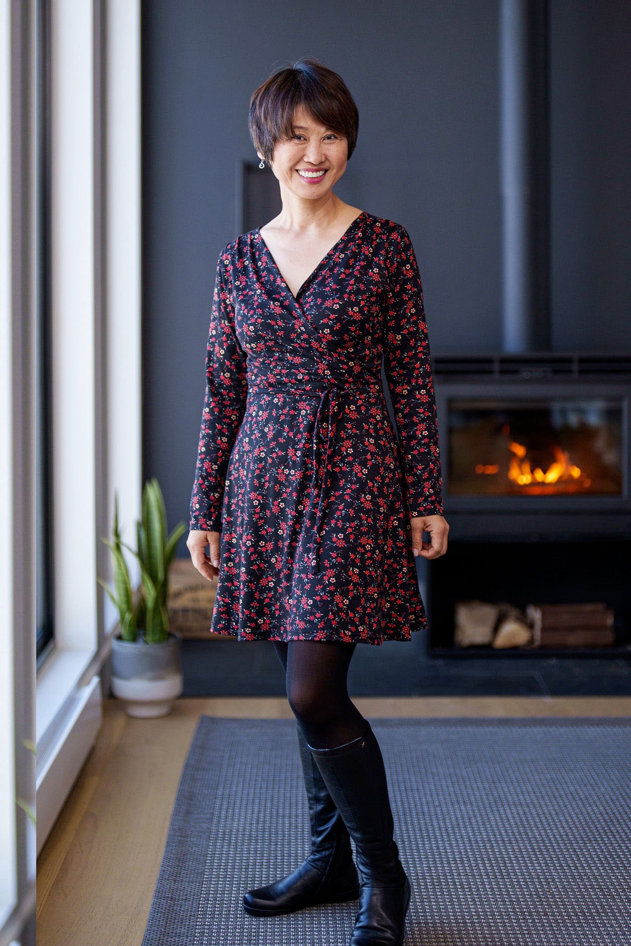 Ste-Anne Dress by Rien ne se Perd, Red, floral, faux-wrap dress, tie belt, pleats at shoulders, fit and flare, sizes XS to XXL, made in Quebec