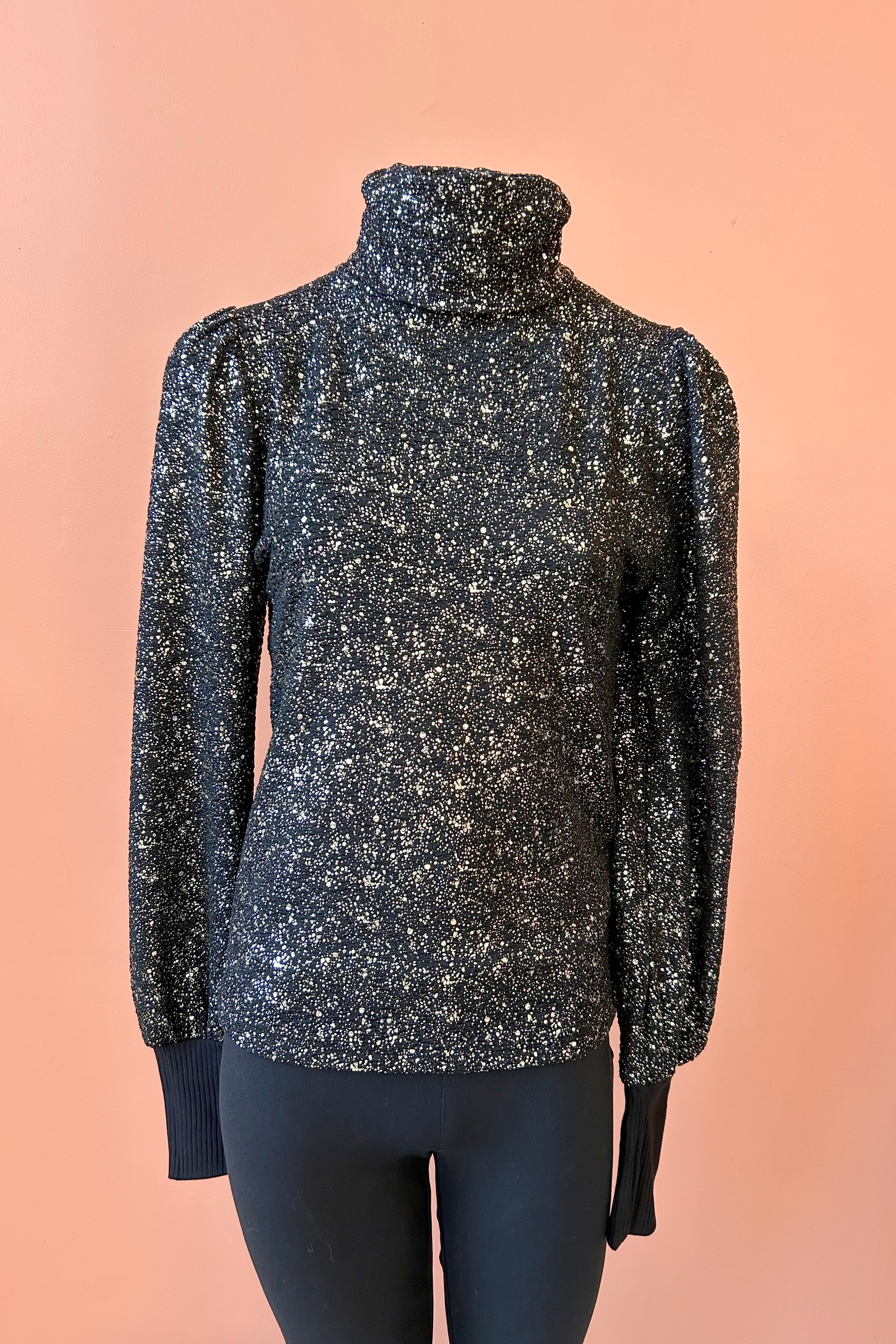 Turtleneck Top by Misstery, Sparkle, high neck, puffed sleeves with gathered cuffs, sizes S to XL, made in Toronto 