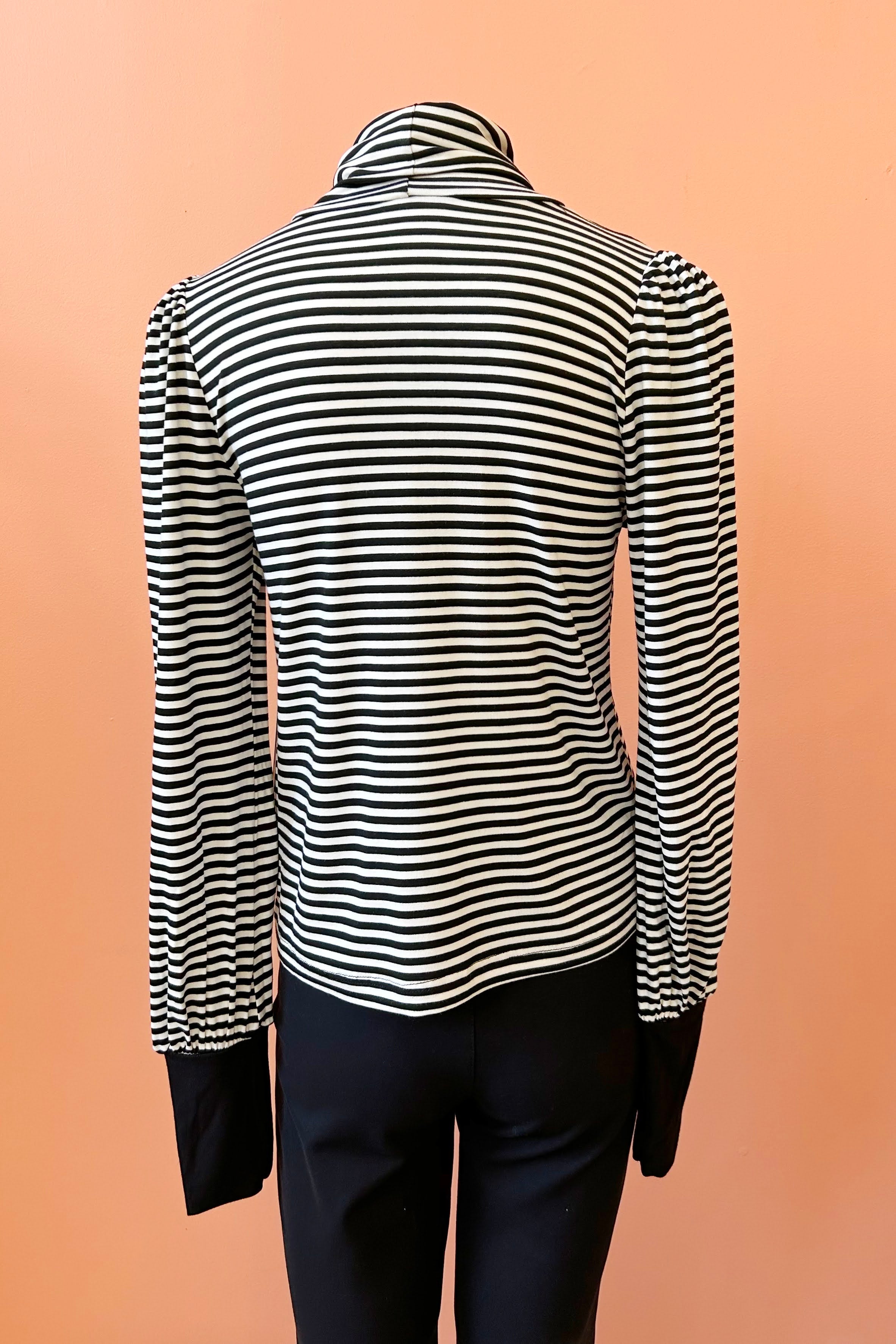 Turtleneck Top by Misstery, Black and White Stripe, high neck, puffed sleeves with gathered cuffs, sizes S to XL, made in Toronto 
