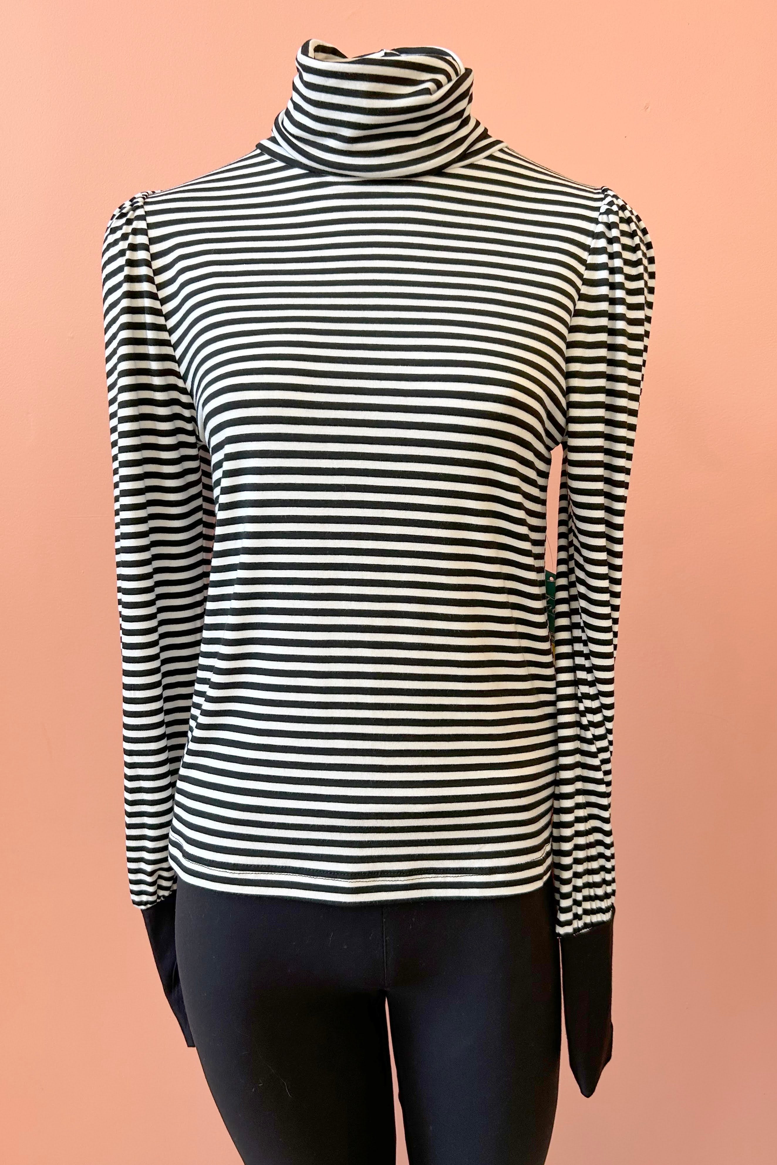Turtleneck Top by Misstery, Black and White Stripe, high neck, puffed sleeves with gathered cuffs, sizes S to XL, made in Toronto 