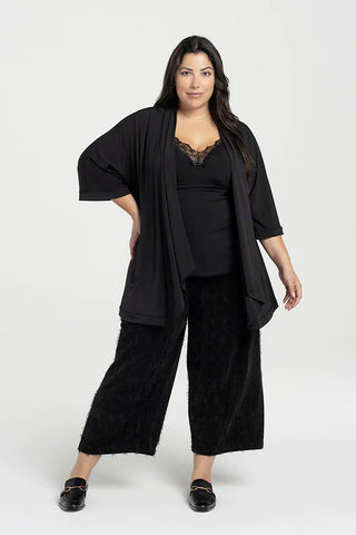 Strom Vest by Kollontai, Black, open cardigan, shawl collar, 3/4 sleeves, lightweight, sizes XS to XL, made in Montreal