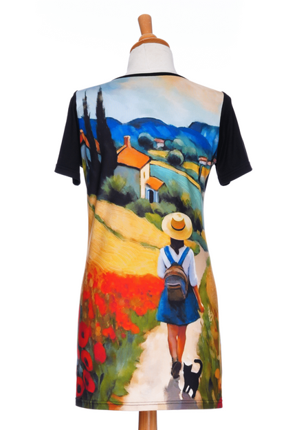 A back view of the Negroni Tunic by RNSP, featuring a Tuscan landscape print and contrasting short black sleeves, is shown on a mannequin against a white background. 