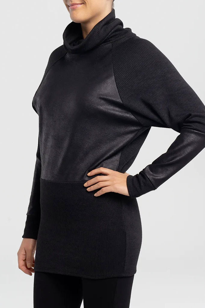 Helsing Tunic by Kollontai, Black, knit, faux leather insets, colw neck, raglan sleeve, sizes XS to XXL, made in Montreal