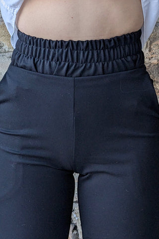 Jas Pants by Rebecca Rowe, Black, high waist, extra-wide waistband with ruching, slanted front pockets, wide legs, sizes S to XL, made in Ottawa