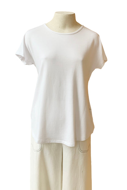 Callie Top by Pure Essence, White, round neck, short extended sleeves, loose yet shaped fit, sizes XS to XXL, made in Canada