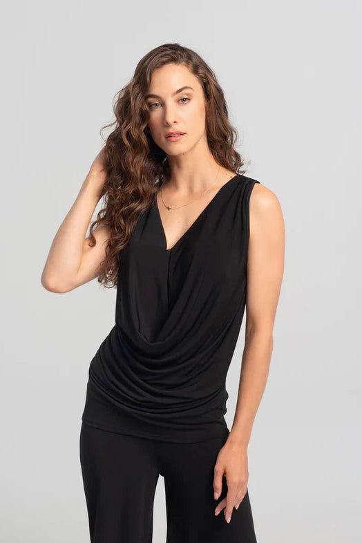 Windsor Top by Kollontai, Black, sleeveless, draped V-neck, hip length, sizes XS to XL, made in Montreal