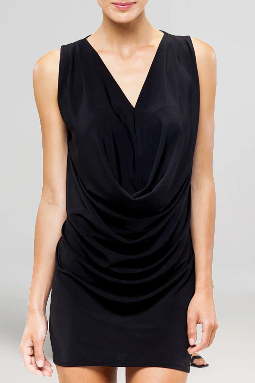 Windsor Top by Kollontai, Black, sleeveless, draped V-neck, hip length, sizes XS to XL, made in Montreal