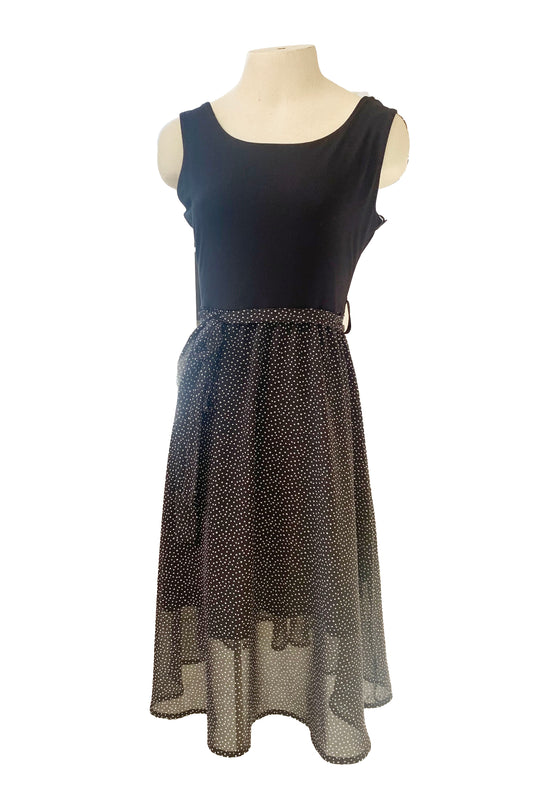 Zephyr Dress by Cherry Bobin, Micro Dots, solid black bodice made from bamboo rayon, white and black polka dot skirt, knee length, belt loops and tie belt, sizes XS to 2XL, made in Montreal 