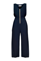 Gilbert Jumpsuit by Melow, Midnight, sleeveless, V-neck, contrast zipper, elastic waist, wide legs, side pockets, eco-fabric, OEKO-TEX certified, viscose, linen, sizes XS to XXL, made in Montreal