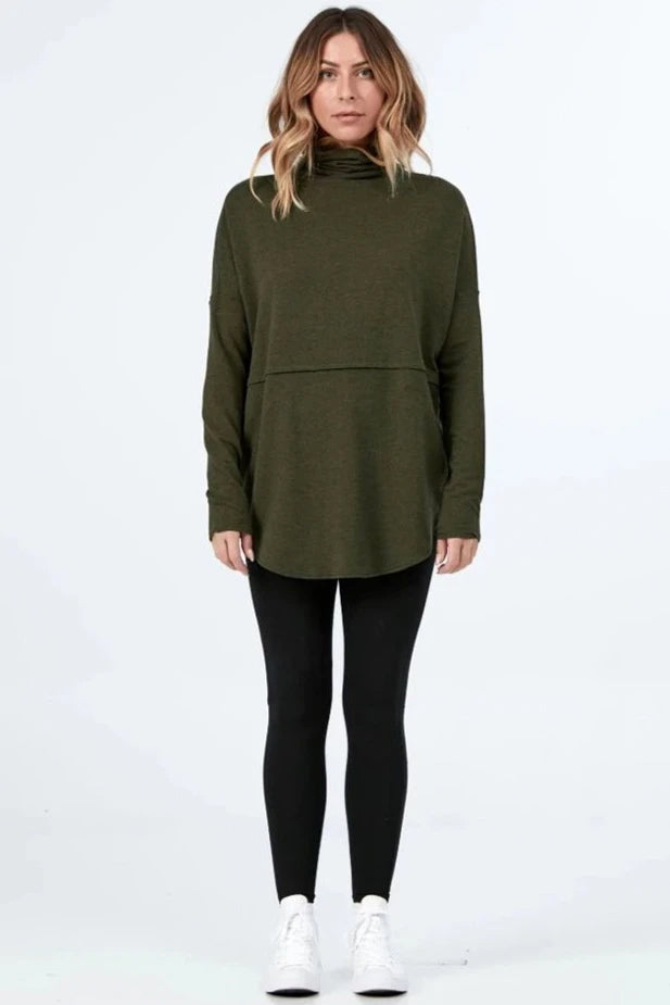 Abigail Turtleneck by Advika, Moss, tunic, rounded hem, stitching at waist, sizes S-XXL, made in Canada