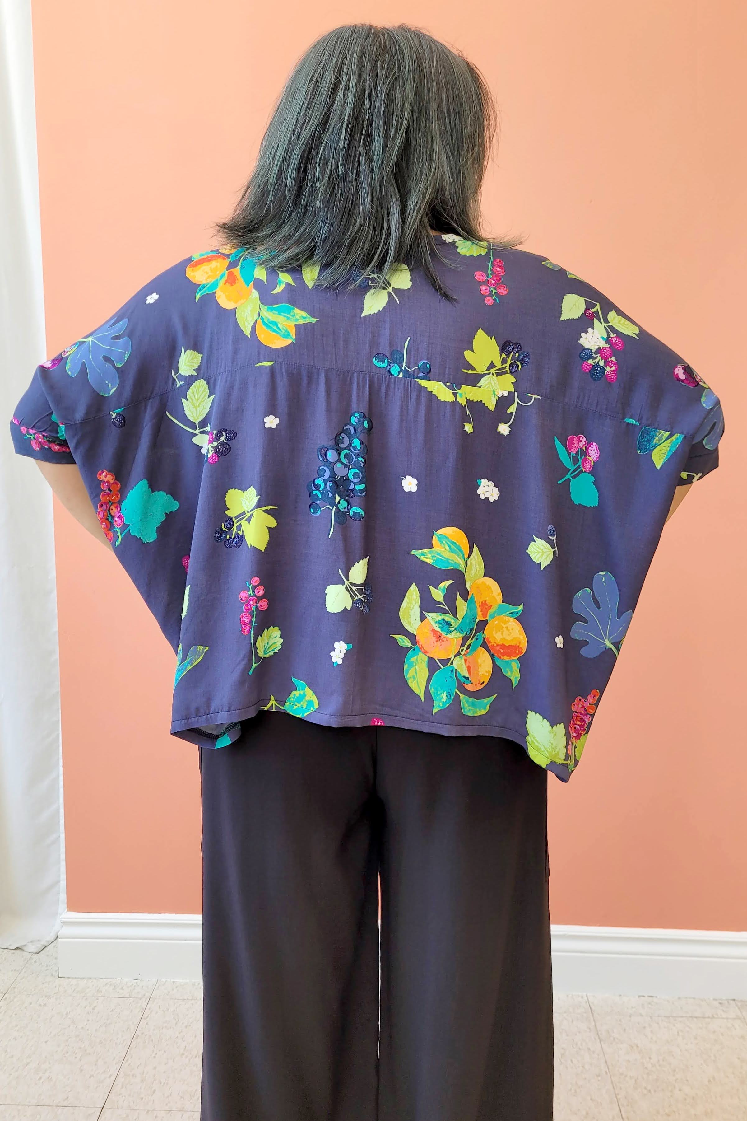 Chloe Top by Desserts and Skirts, Multi-fruit, back view, round neck, bat-wing sleeve, viscose, sizes XS to XL, made in Toronto