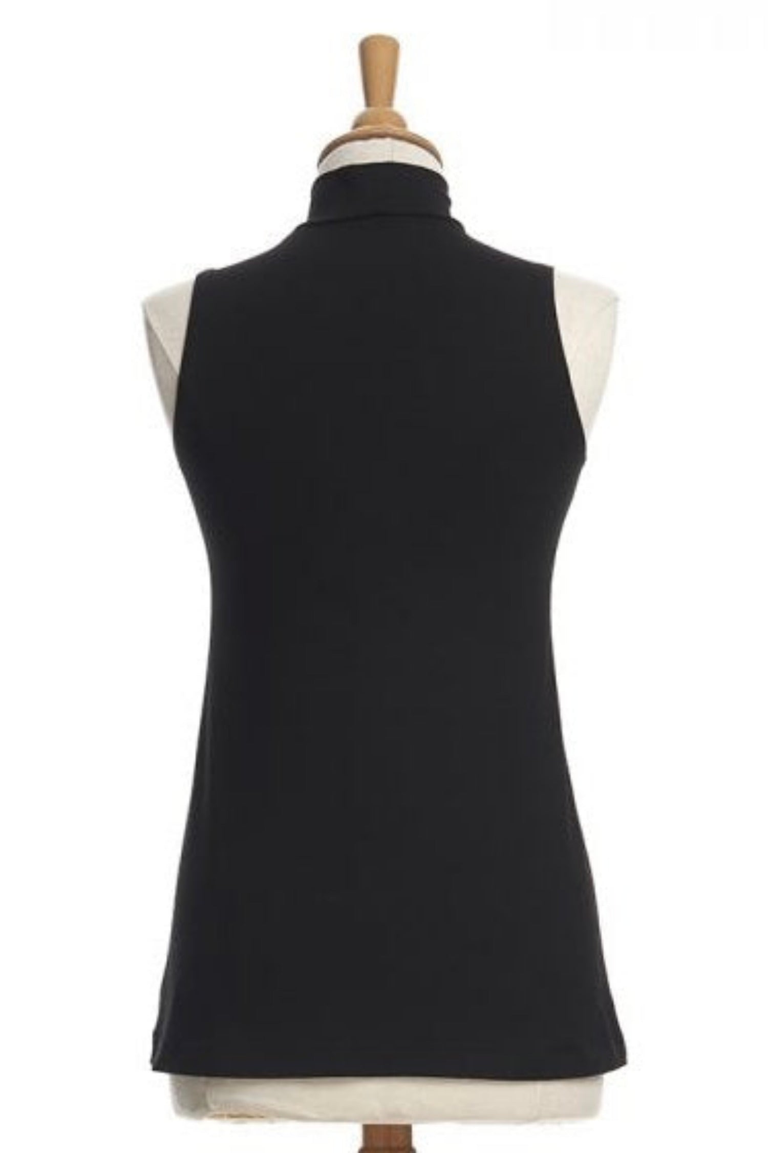 Saturne Top by Rien ne se Perd, back view, Black, mock turtleneck, sleeveless, long, sizes XS to XXL, made in Quebec