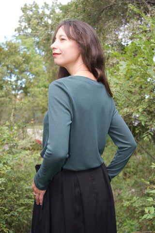Olympus Top by Ramonalisa, Sage, back view, rounded neckline, long sleeves, bamboo/merino, sizes S-L, made in Montreal