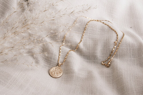 Doubloon Pendant by Katye Landry, Goldfill pendant, 14k Goldfill scroll chain, made in Ottawa