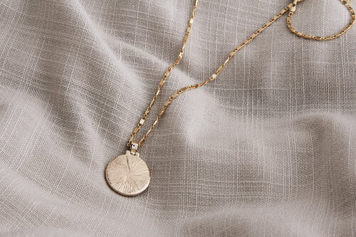 Doubloon Pendant by Katye Landry, back view, Goldfill pendant, 14k Goldfill scroll chain, made in Ottawa