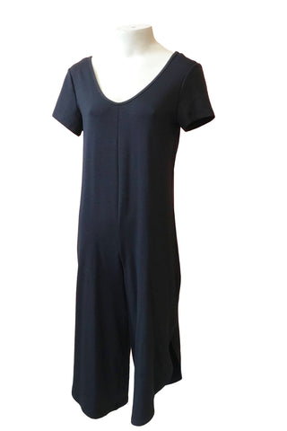 Mindy Jumpsuit by Pure Essence, Black, wide V-neck front and back, short sleeves, wide cropped legs, eco-fabric, bamboo rayon, sizes XS to XXL, made in Canada