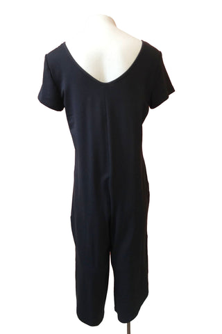 Mindy Jumpsuit by Pure Essence, Black, back view, wide V-neck front and back, short sleeves, wide cropped legs, eco-fabric, bamboo rayon, sizes XS to XXL, made in Canada