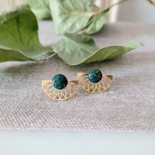 Ceramic Stud Earrings with Gold Half-Sun Jacket