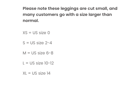 Advika Size Chart for Paris Leggings