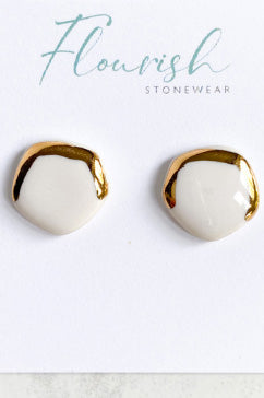 White and Gold Abstract Hexagon Stud Earrings