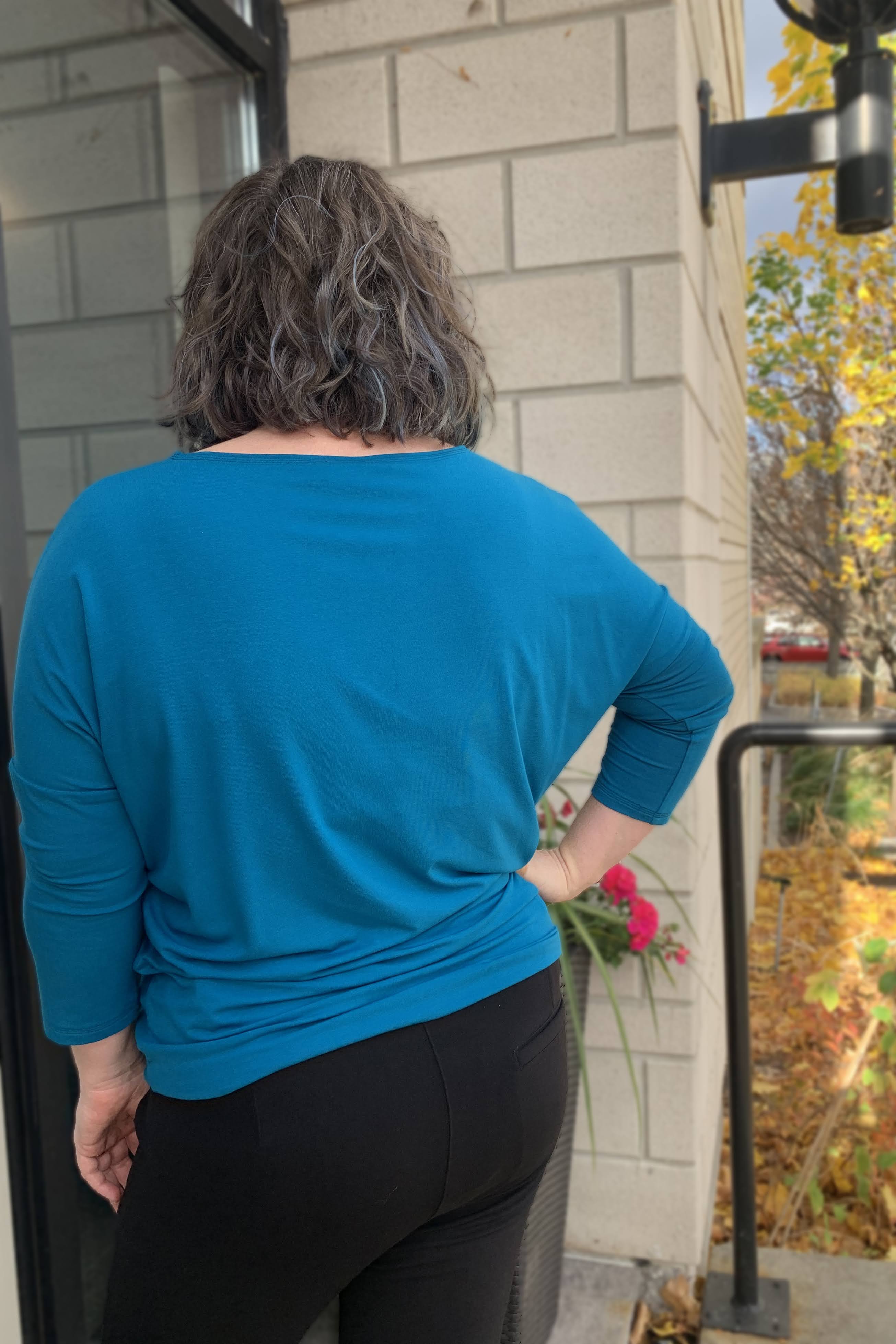 Ella 3/4 Sleeve - Viscose top by Studio D, Teal, back view, boatneck, 3/4 sleeve, Dolman sleeve, sizes XS to XL, made in Ottawa