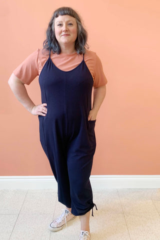 Tony Jumpsuit by Pure Essence, Navy, spaghetti straps, V-neck, cropped legs with ruching and tie detail, large patch pockets, eco-fabric, bamboo rayon, cotton, sizes XS to XXL, made in Canada